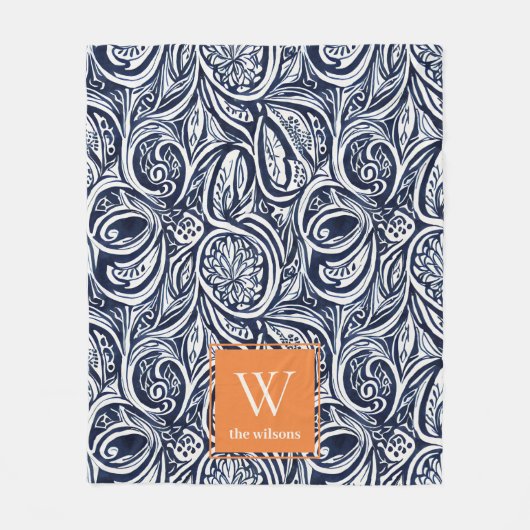 Abstraktes Botanisches Monogramm für kühle Navy-Ro Fleecedecke (Vorderseite)