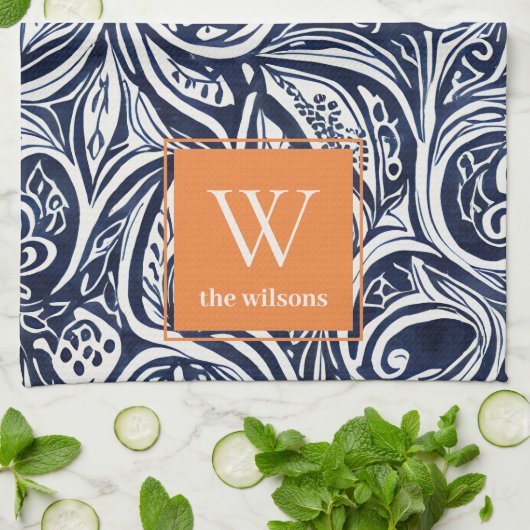Abstraktes Botanisches Monogramm für kühle Navy-Ro Geschirrtuch (Gefaltet)