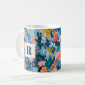 Abstraktes botanisches Monogramm, trendy blau und Kaffeetasse (Vorderseite Links)