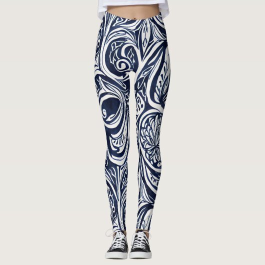 Abstraktes botanisches Muster für kaltes Marinestr Leggings (Vorderseite)