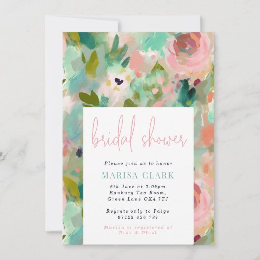 Abstraktes Brautparty mit Blumen und Grün Einladung (Vorderseite)