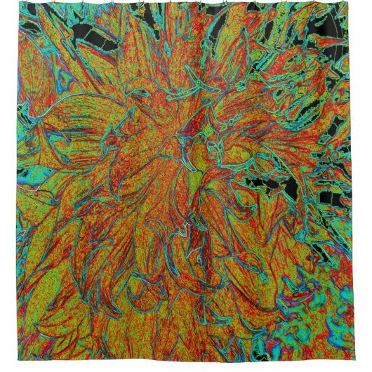 Abstraktes Burnt Orange und grünes Dahlia Bloom Duschvorhang (Vorderseite)