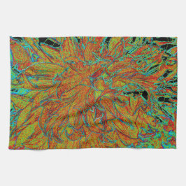 Abstraktes Burnt Orange und grünes Dahlia Bloom Geschirrtuch