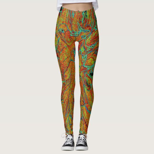 Abstraktes Burnt Orange und grünes Dahlia Bloom Leggings (Vorderseite)