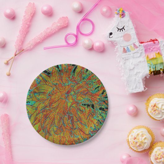 Abstraktes Burnt Orange und grünes Dahlia Bloom Pappteller (Party)