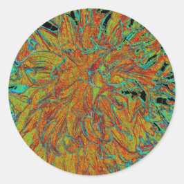 Abstraktes Burnt Orange und grünes Dahlia Bloom Runder Aufkleber