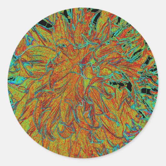 Abstraktes Burnt Orange und grünes Dahlia Bloom Runder Aufkleber (Vorderseite)