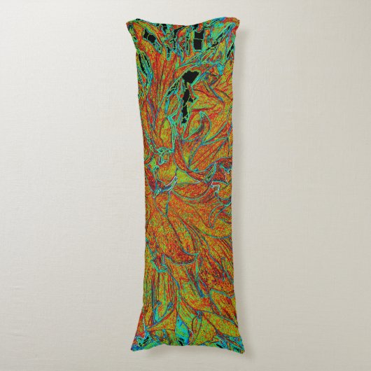 Abstraktes Burnt Orange und grünes Dahlia Bloom Seitenschläferkissen (Vorderseite Vertikal)