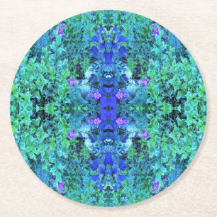 Abstraktes Chartreuse- und Blau-Blattmuster Runder Pappuntersetzer