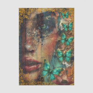 Abstraktes Collage Mädchen Gesicht & Schmetterling Seidenpapier