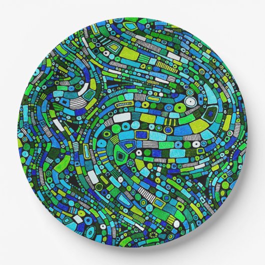 Abstraktes Design Blaue Grüne Wellen Formen Pappteller (Vorderseite)