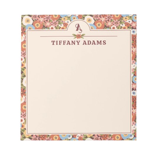 Abstraktes Ditsy-Blumen-Retro-Monogramm Notizblock (Vorderseite)