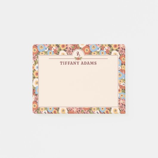 Abstraktes Ditsy-Blumen-Retro-Monogramm Post-it Klebezettel (Vorderseite)