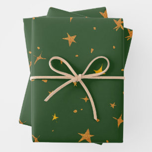 Abstraktes dunkles Grün mit goldenen Sternen Geschenkpapier Set