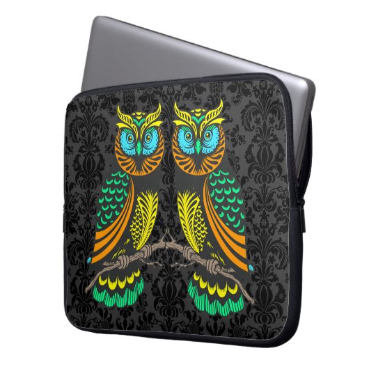 Abstraktes, farbiges Paar von Eulen Laptopschutzhülle (Vorderseite Links)