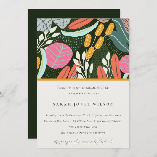 Abstraktes feines tropisches botanisches Brautpart Einladung (Vorne/Hinten)