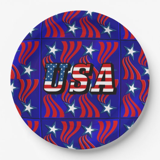 Abstraktes Flaggenmuster mit USA-Text-Papierteller Pappteller (Vorderseite)