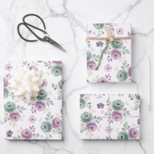 Abstraktes florales Wasserfarben Teal Mauve Beige Geschenkpapier Set