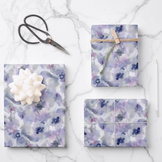Abstraktes florales Wasserfarbenmuster Lavendelbla Geschenkpapier Set (Vorderseite)