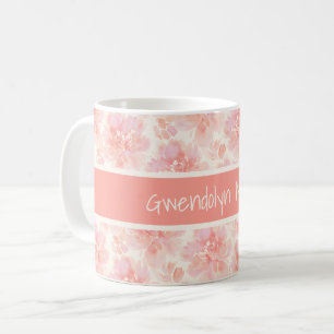 Abstraktes florales Wasserfarbmuster Pfirsich und Kaffeetasse
