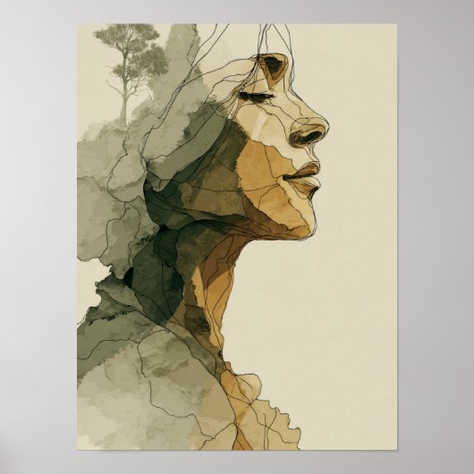 Abstraktes Frauengesicht Boho Neutrale Linienkunst Poster (Vorne)