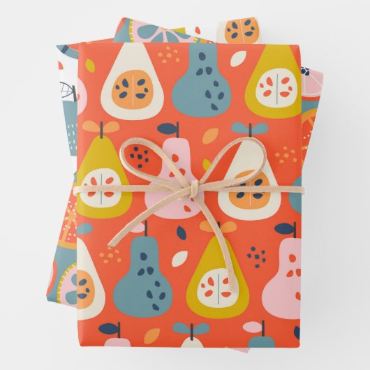 Abstraktes Fruchtmuster in Blau und Rot Geschenkpapier Set (Beispiel)