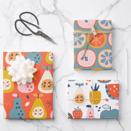 Abstraktes Fruchtmuster in Blau und Rot Geschenkpapier Set (Vorderseite)