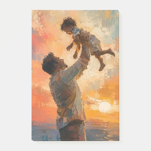 Abstraktes Gemälde: Vater hebt Kind bei Sonnenunte Post-it Klebezettel (Vorderseite)
