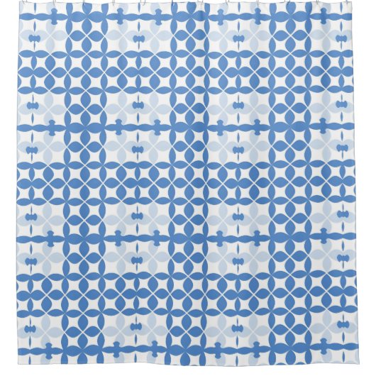 Abstraktes geometrisches Blau- und Weißmuster Duschvorhang (Vorderseite)