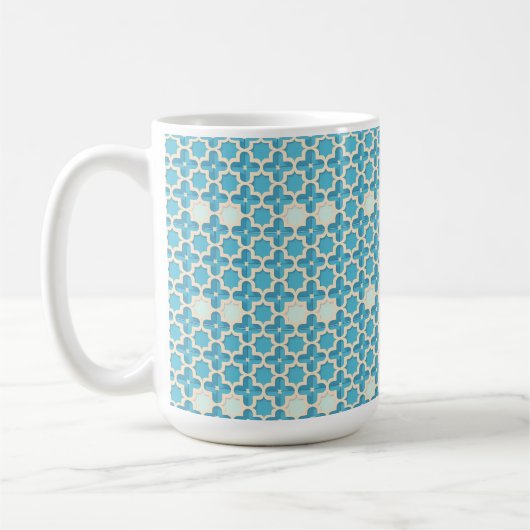 Abstraktes geometrisches Blau- und Weißmuster Kaffeetasse (Links)