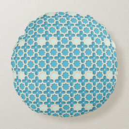 Abstraktes geometrisches Blau- und Weißmuster Rundes Kissen