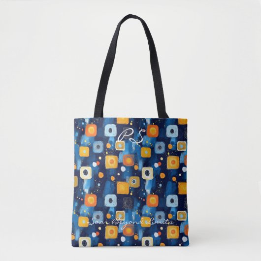 Abstraktes geometrisches Muster in Blau und Orange Tasche (Vorderseite)