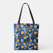 Abstraktes geometrisches Muster in Blau und Orange Tasche (Rückseite)