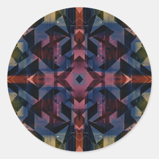 Abstraktes geometrisches Muster mit blauer Blume Runder Aufkleber (Vorderseite)