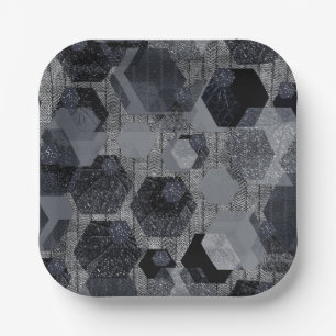 Abstraktes geometrisches Muster, schwarz und grau. Pappteller