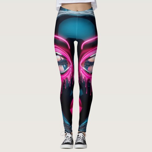 Abstraktes Gesicht Big Eyes Red Lips Neon Legging Leggings (Vorderseite)