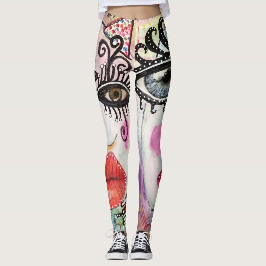 Abstraktes Gesicht Big Eyes Rote Lippen Nebel Pink Leggings (Vorderseite)