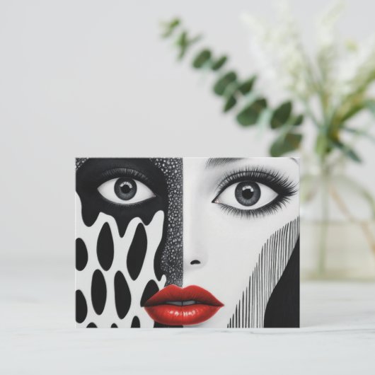 Abstraktes Gesicht Schwarz-weiß Red Postkarte (Stehend Vorderseite)