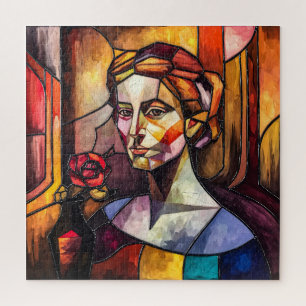 Abstraktes, gestanztes Glasweibchen-Portrait mit R Puzzle