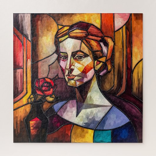 Abstraktes, gestanztes Glasweibchen-Portrait mit R Puzzle (Vertikal)