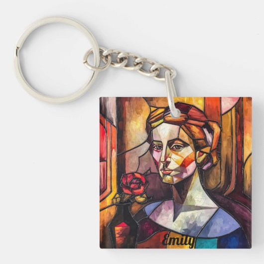 Abstraktes, gestanztes Glasweibchen-Portrait mit R Schlüsselanhänger (Vorderseite)