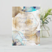 Abstraktes Gold Blue Fluid Art Malerei Einladung (Stehend Vorderseite)