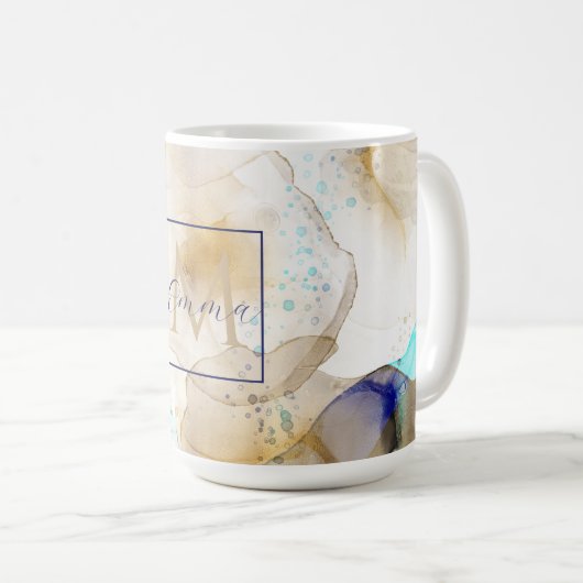 Abstraktes Gold Blue Fluid Art Malerei Kaffeetasse (VorderseiteRechts)