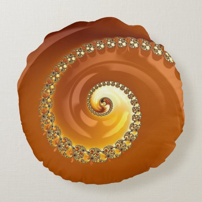Abstraktes Gold Orange Gradient Spiral Fraktal Rundes Kissen (Rückseite)