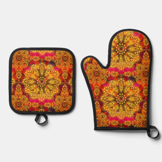 Abstraktes goldenes Mandala Ofenhandschuh & Topflappen-Set (Vorderseite)