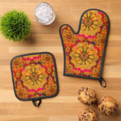 Abstraktes goldenes Mandala Ofenhandschuh & Topflappen-Set (Oben Unten)