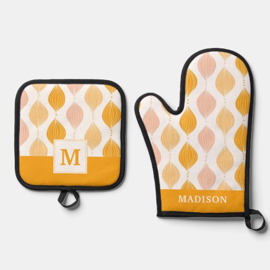Abstraktes goldenes Ogemuster Ofenhandschuh & Topflappen-Set (Vorderseite)