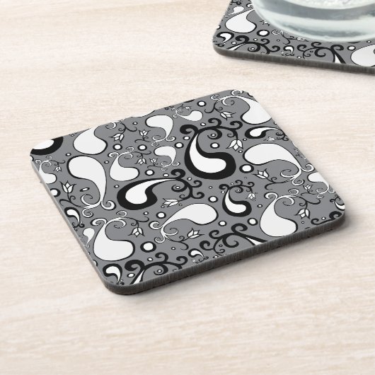 Abstraktes graues und weißes Tulip Paisley-Muster Getränkeuntersetzer (Linke Seite)