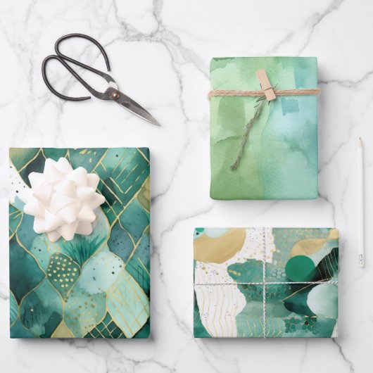 Abstraktes Green Gold Geschenkpapier Set (Vorderseite)