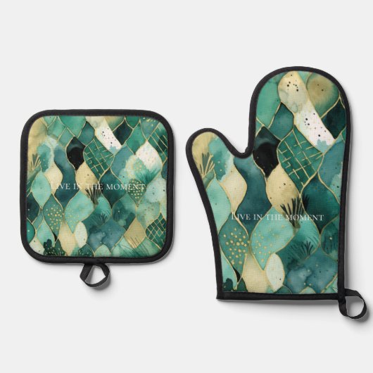 Abstraktes Green Gold Ofenhandschuh & Topflappen-Set (Vorderseite)